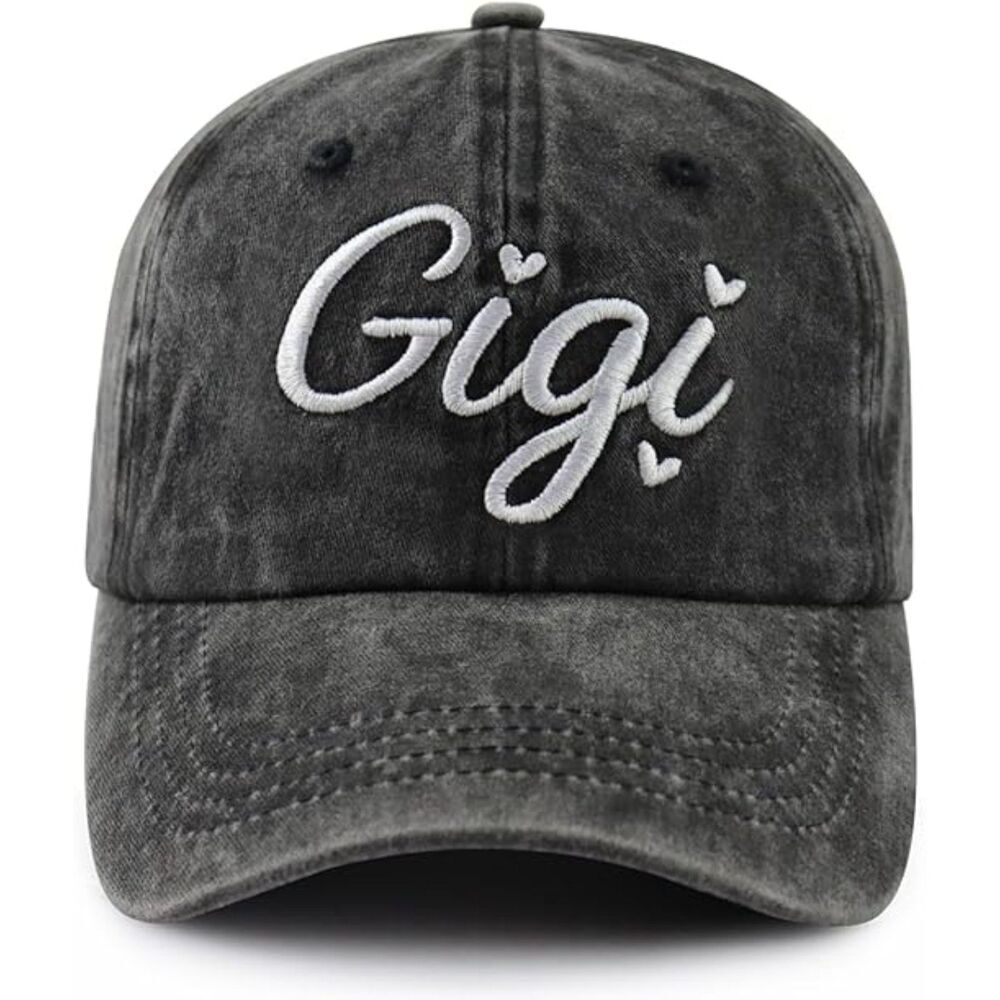 Unisex Black Washed 100% Cotton Gigi Embroidered Adjustable Classic Baseball Cap